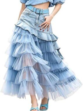 Trendy Y2K High Waist Denim Tulle Layered Maxi Skirt - Chic & Stylish Fashion